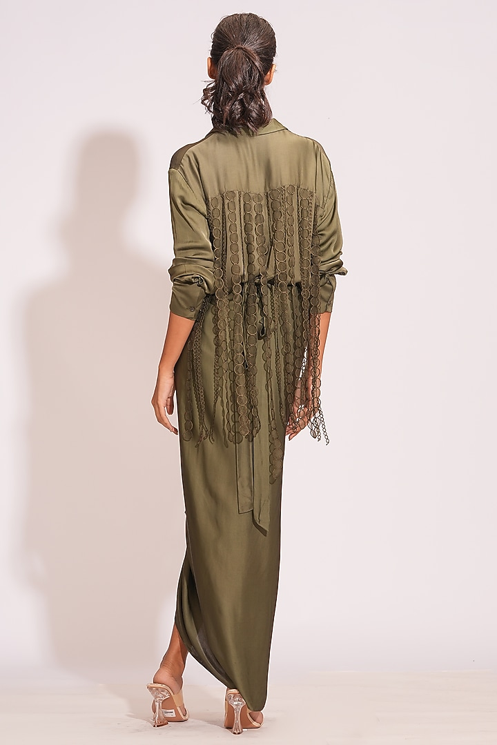Olive Green Modal Satin Draped Skirt Set by Shruti S at Pernia's Pop Up Shop