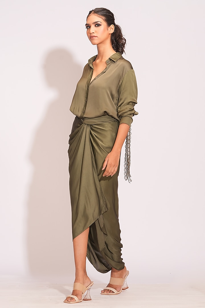 Olive Green Modal Satin Draped Skirt Set by Shruti S at Pernia's Pop Up Shop