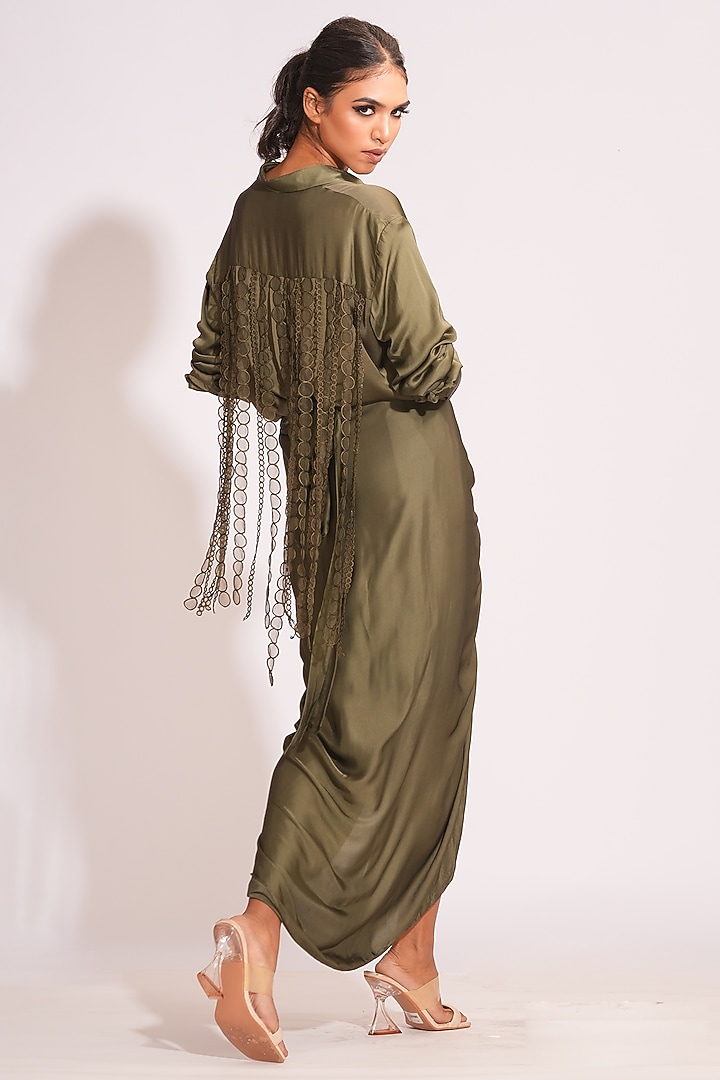 Olive Green Modal Satin Draped Skirt Set by Shruti S at Pernia's Pop Up Shop