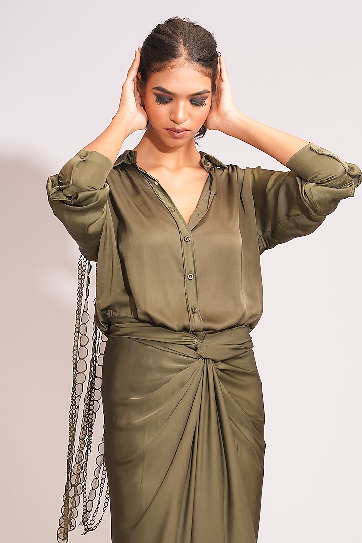 Olive Green Modal Satin Draped Skirt Set by Shruti S at Pernia's Pop Up Shop