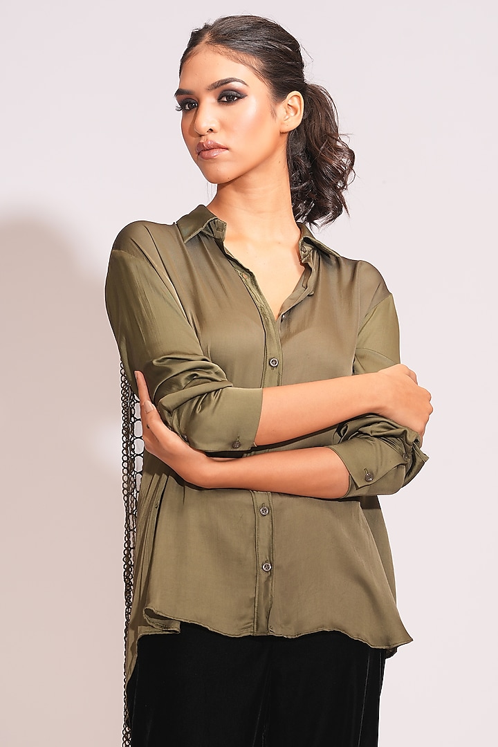 Olive Green Modal Satin Shirt by Shruti S at Pernia's Pop Up Shop