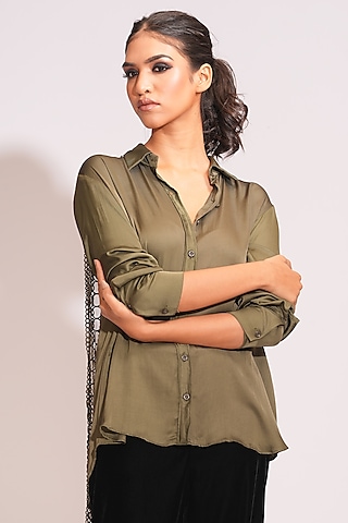 Olive Green Modal Satin Shirt by Shruti S