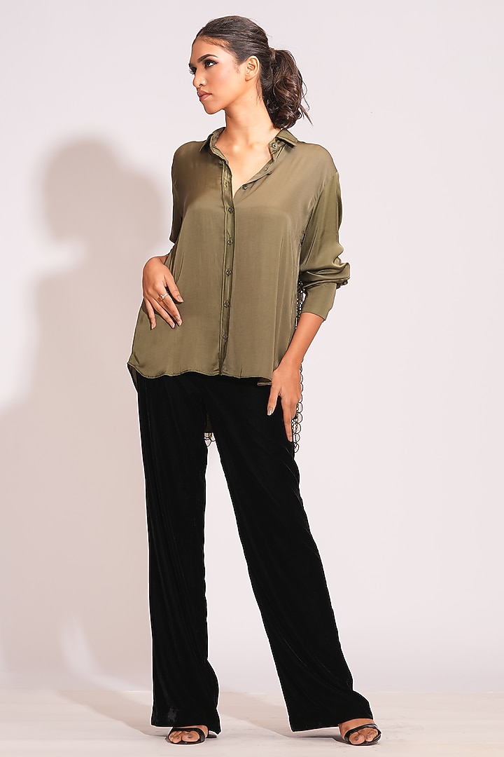Olive Green Modal Satin Shirt by Shruti S at Pernia's Pop Up Shop