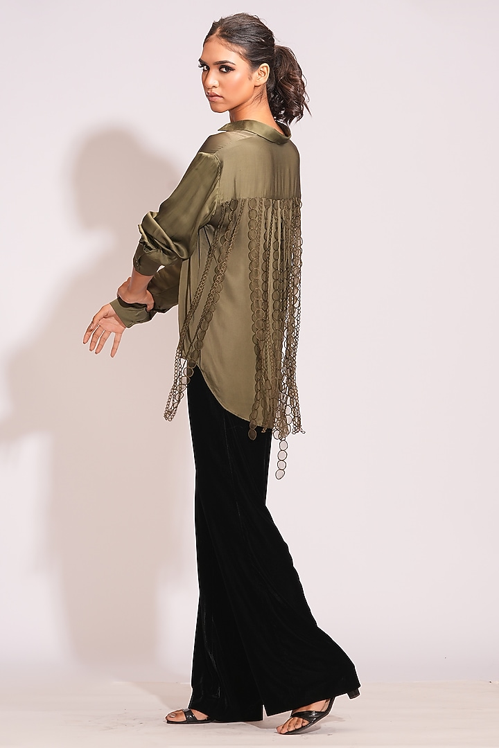 Olive Green Modal Satin Shirt by Shruti S at Pernia's Pop Up Shop