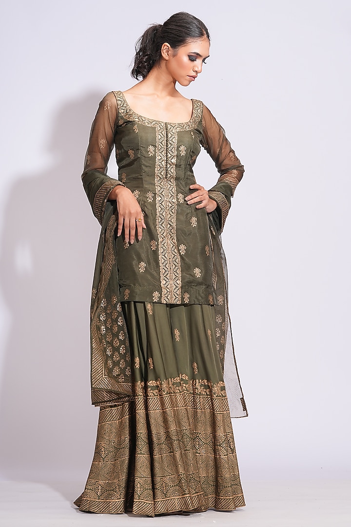 Olive Green Silk Gold Hand Block Printed Kurta Set by Shruti S at Pernia's Pop Up Shop