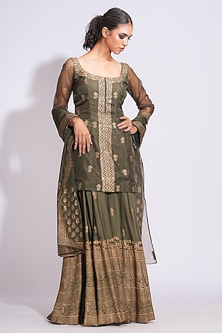 Olive Green Silk Gold Hand Block Printed Kurta Set by Shruti S