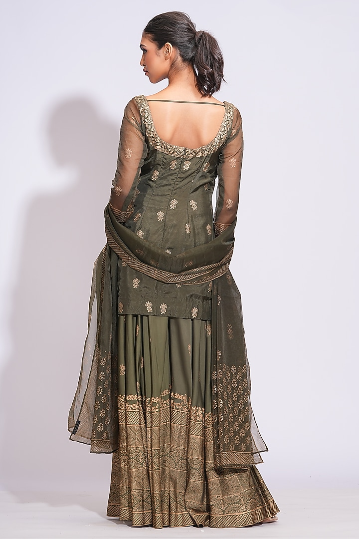 Olive Green Silk Gold Hand Block Printed Kurta Set by Shruti S at Pernia's Pop Up Shop