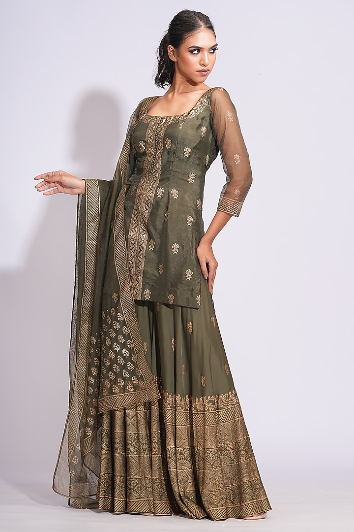 Olive Green Silk Gold Hand Block Printed Kurta Set by Shruti S at Pernia's Pop Up Shop