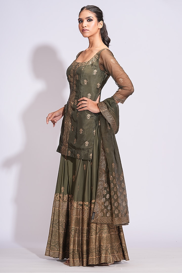 Olive Green Silk Gold Hand Block Printed Kurta Set by Shruti S at Pernia's Pop Up Shop