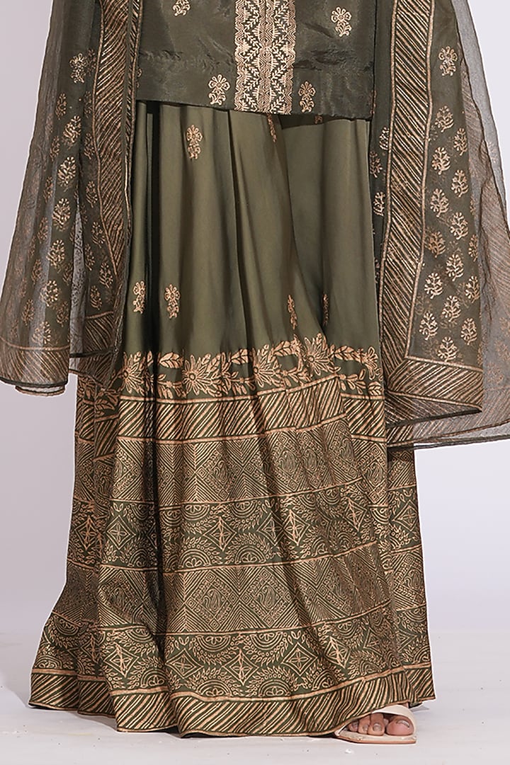 Olive Green Silk Gold Hand Block Printed Kurta Set by Shruti S at Pernia's Pop Up Shop