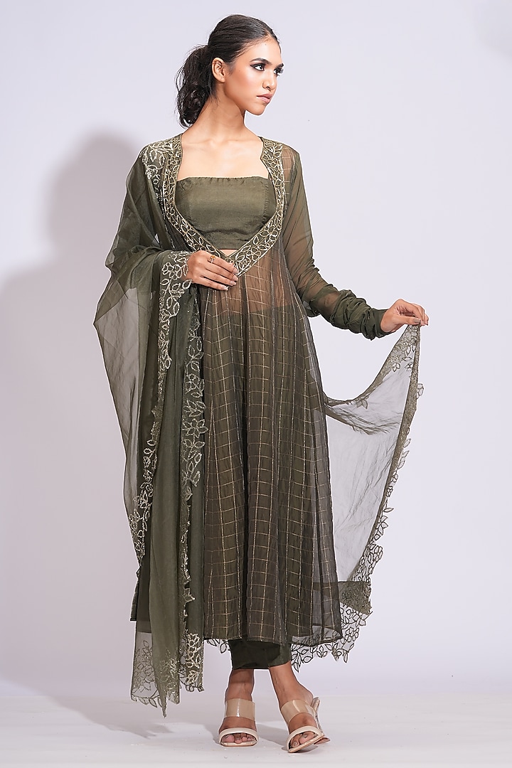 Olive Green Soft Organza Zari Embroidered Anarkali Set by Shruti S at Pernia's Pop Up Shop