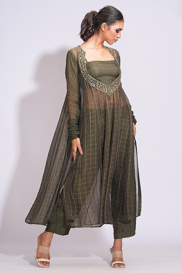 Olive Green Soft Organza Zari Embroidered Wedding Anarkali Set by Shruti S at Pernia's Pop Up Shop
