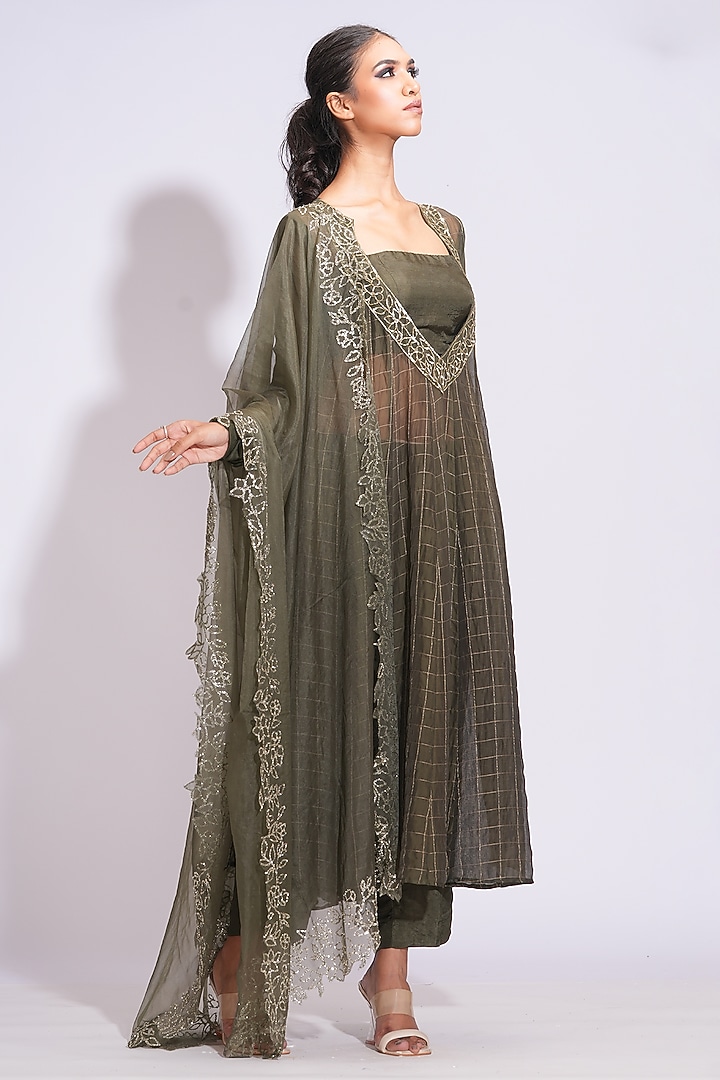 Olive Green Soft Organza Zari Embroidered Wedding Anarkali Set by Shruti S at Pernia's Pop Up Shop