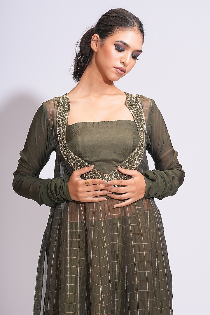 Olive Green Soft Organza Zari Embroidered Wedding Anarkali Set by Shruti S at Pernia's Pop Up Shop