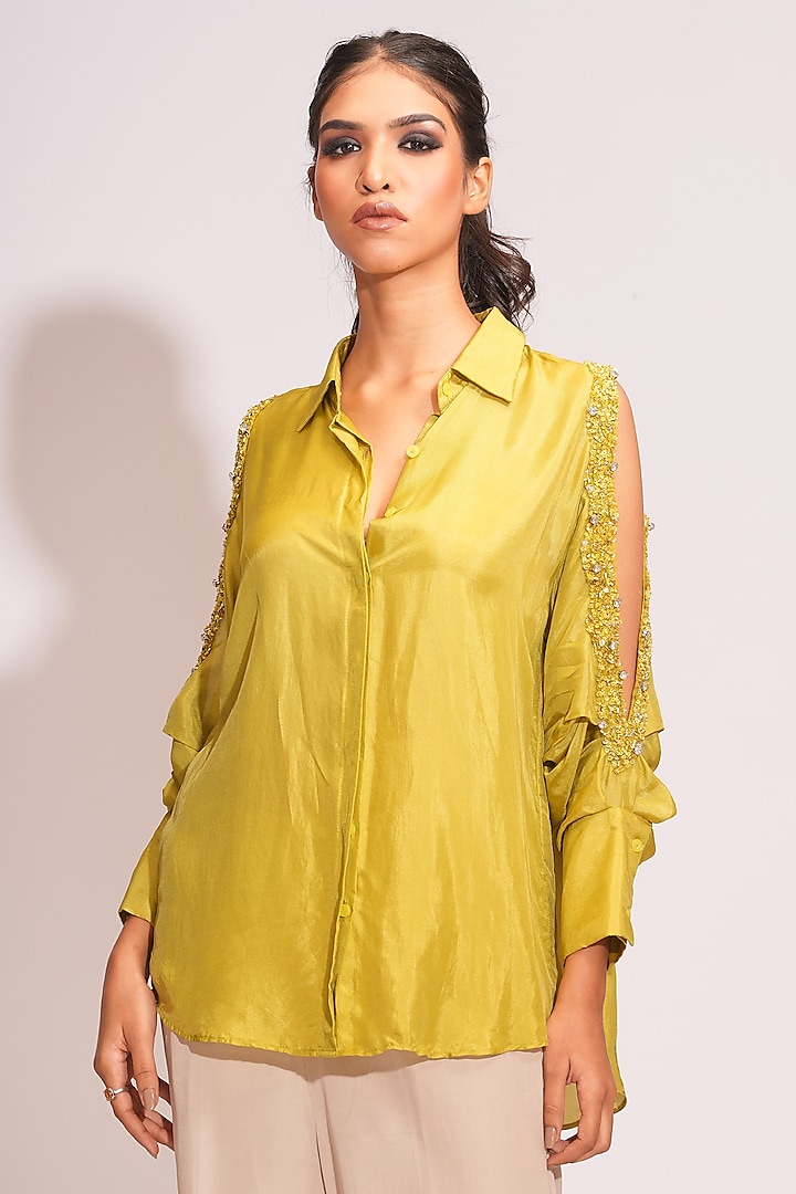 Sheen-Green Silk Sequins Hand Embroidered Shirt by Shruti S at Pernia's Pop Up Shop