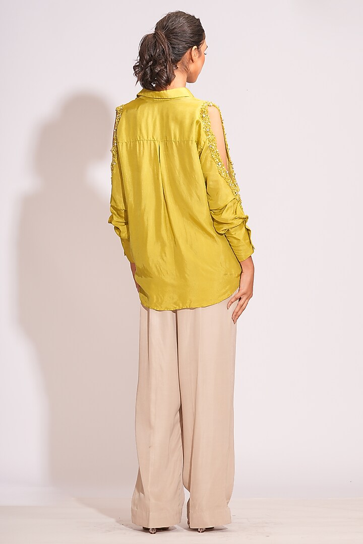 Sheen-Green Silk Sequins Hand Embroidered Shirt by Shruti S at Pernia's Pop Up Shop