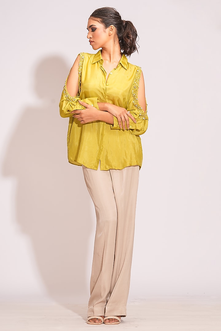 Sheen-Green Silk Sequins Hand Embroidered Shirt by Shruti S at Pernia's Pop Up Shop