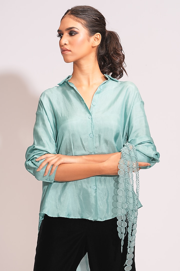 Teal Blue Silk Sequins Hand Embroidered Shirt by Shruti S at Pernia's Pop Up Shop