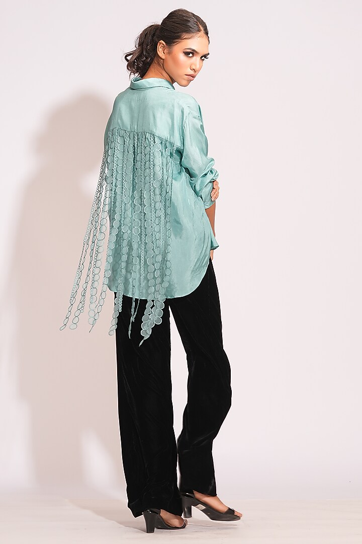Teal Blue Silk Sequins Hand Embroidered Shirt by Shruti S at Pernia's Pop Up Shop