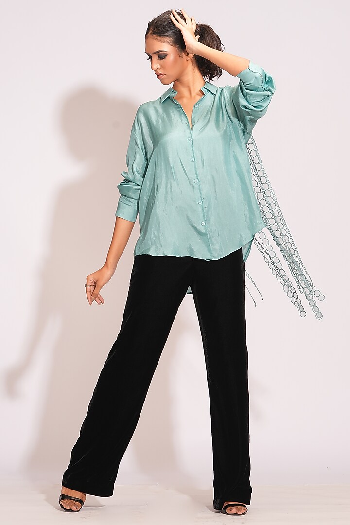 Teal Blue Silk Sequins Hand Embroidered Shirt by Shruti S at Pernia's Pop Up Shop