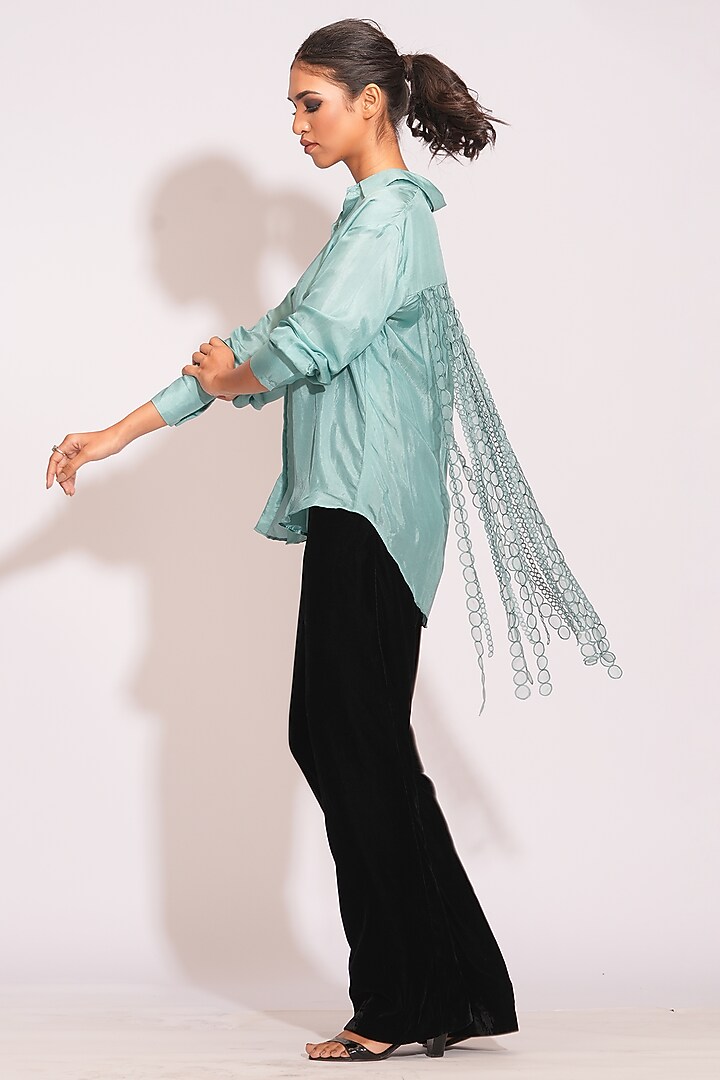 Teal Blue Silk Sequins Hand Embroidered Shirt by Shruti S at Pernia's Pop Up Shop