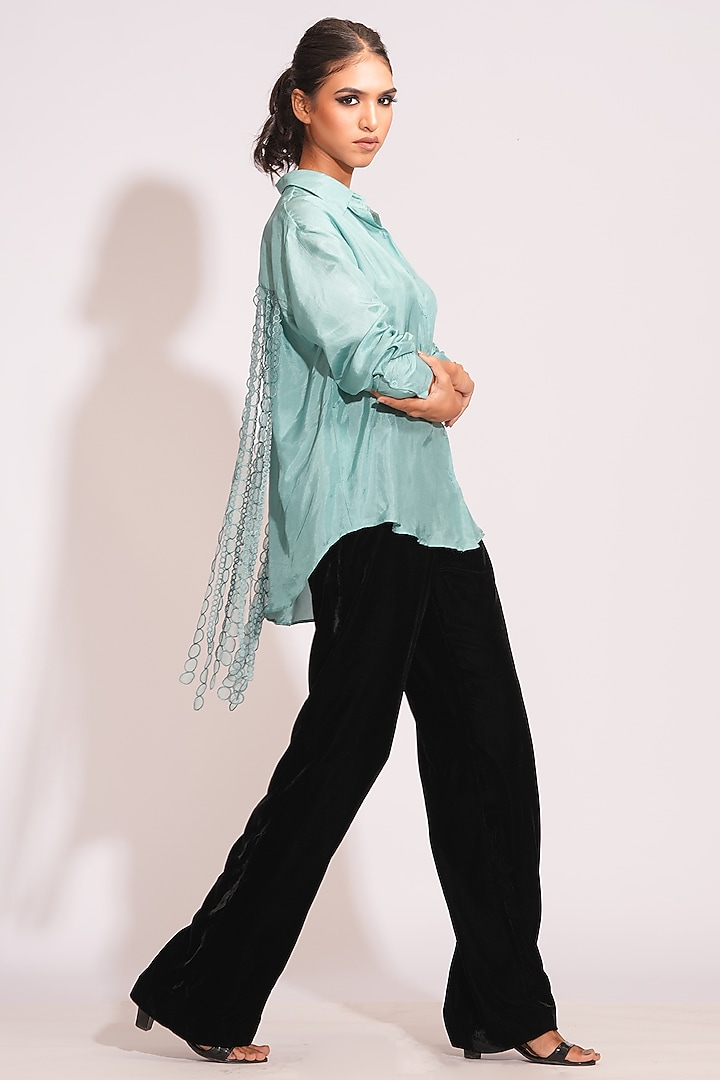Teal Blue Silk Sequins Hand Embroidered Shirt by Shruti S at Pernia's Pop Up Shop
