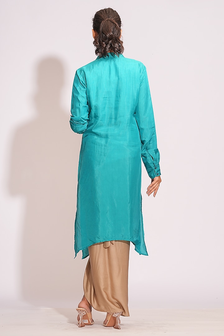 Turquoise Silk Glass-Beads Embroidered Kurta Set by Shruti S at Pernia's Pop Up Shop