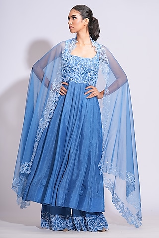 Cobalt Blue Silk Sequins Embroidered Anarkali Set by Shruti S