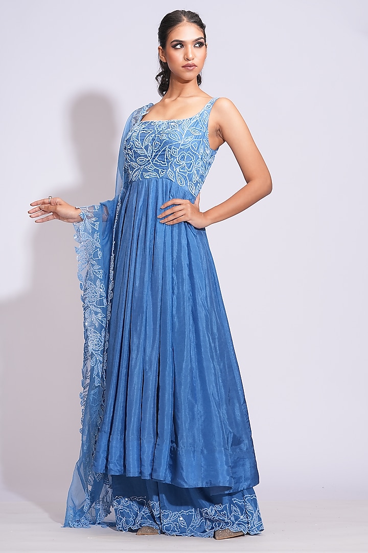 Cobalt Blue Silk Sequins Embroidered Wedding Anarkali Set by Shruti S at Pernia's Pop Up Shop