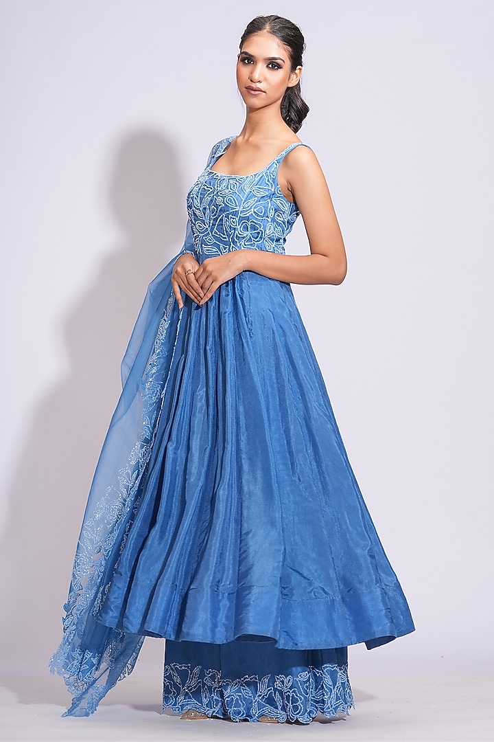 Cobalt Blue Silk Sequins Embroidered Wedding Anarkali Set by Shruti S at Pernia's Pop Up Shop