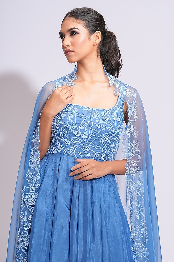 Cobalt Blue Silk Sequins Embroidered Wedding Anarkali Set by Shruti S at Pernia's Pop Up Shop