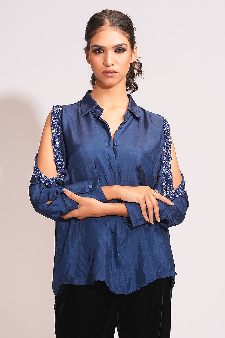 Navy Blue Silk Sequins Hand Embroidered Shirt by Shruti S at Pernia's Pop Up Shop