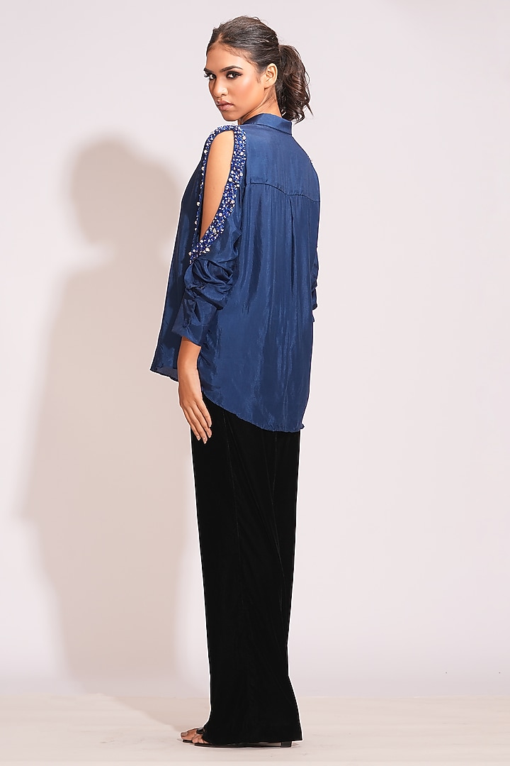 Navy Blue Silk Sequins Hand Embroidered Shirt by Shruti S at Pernia's Pop Up Shop