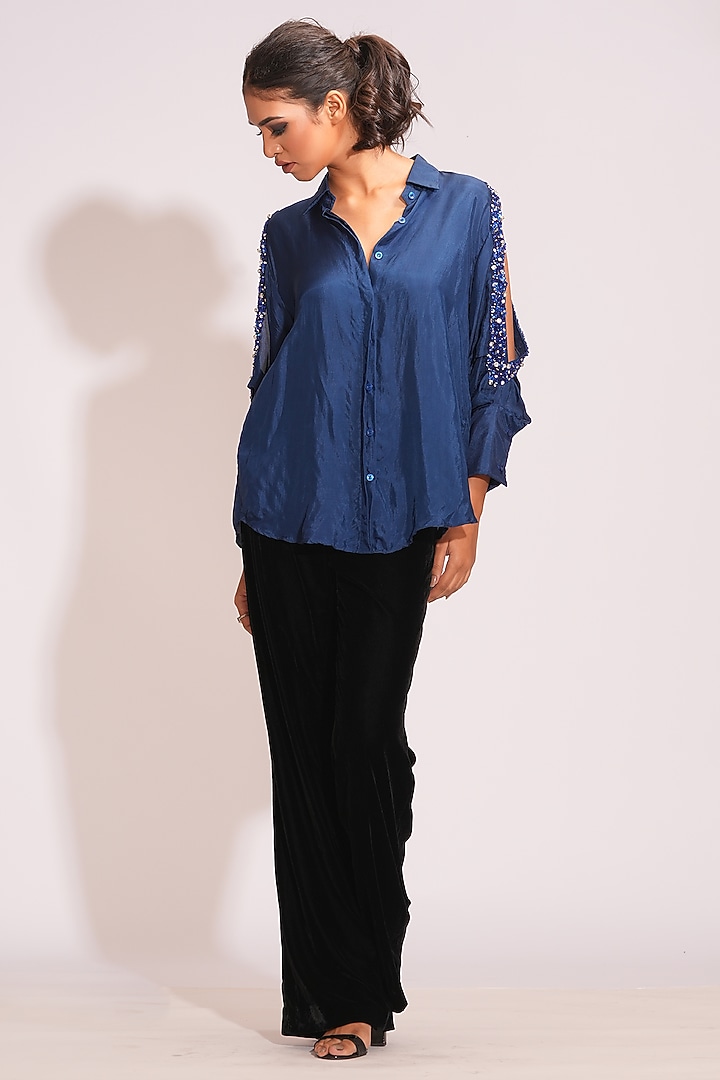 Navy Blue Silk Sequins Hand Embroidered Shirt by Shruti S at Pernia's Pop Up Shop