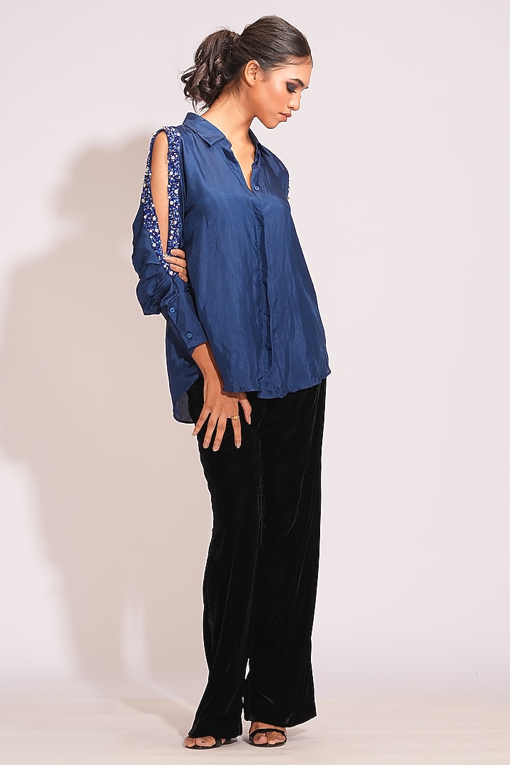 Navy Blue Silk Sequins Hand Embroidered Shirt by Shruti S at Pernia's Pop Up Shop