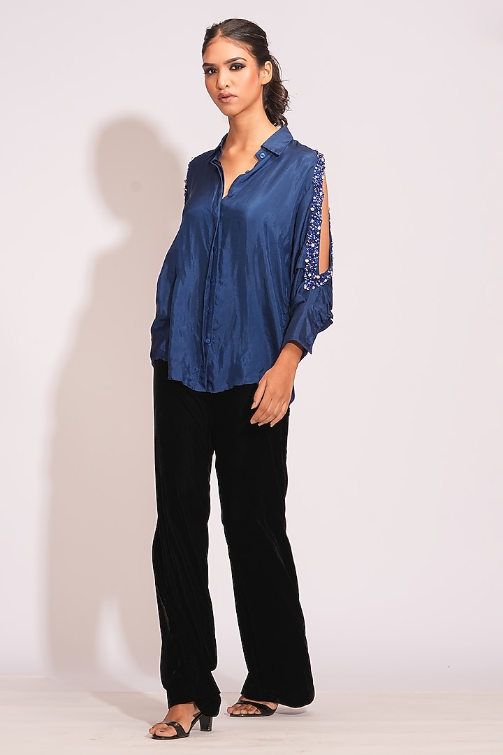 Navy Blue Silk Sequins Hand Embroidered Shirt by Shruti S at Pernia's Pop Up Shop