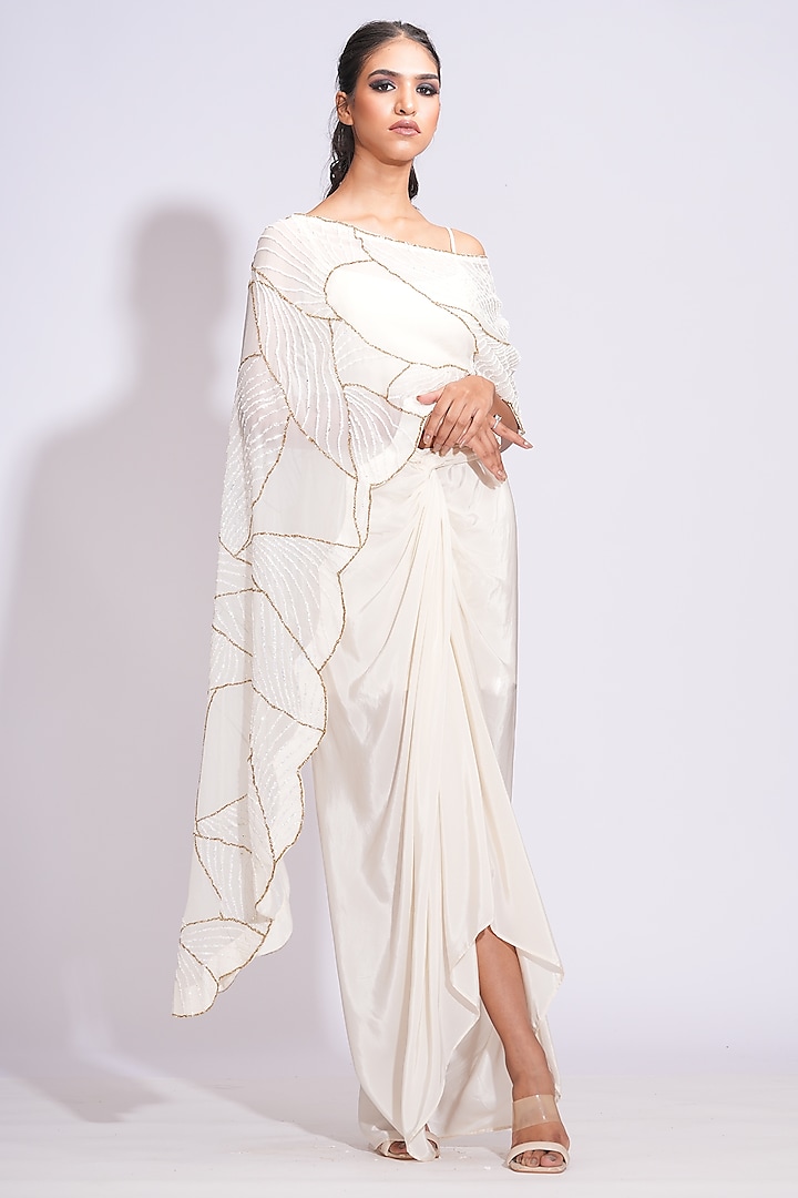 Off-White Crepe Draped Dhoti Skirt Set by Shruti S at Pernia's Pop Up Shop