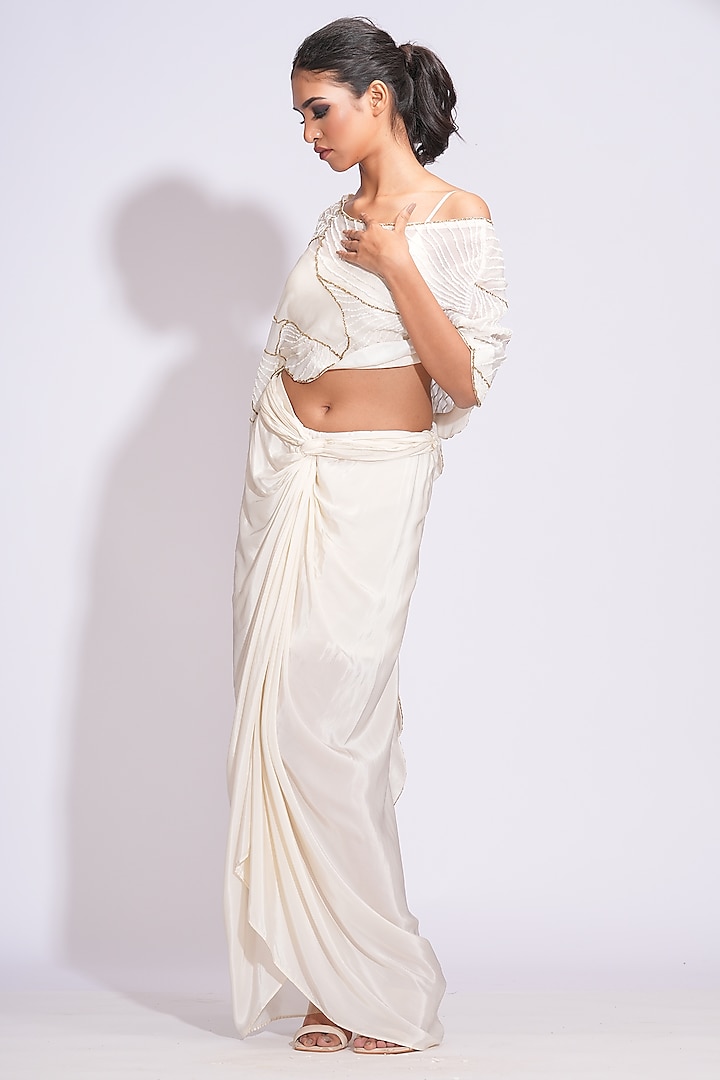 Off-White Crepe Draped Dhoti Skirt Set by Shruti S at Pernia's Pop Up Shop