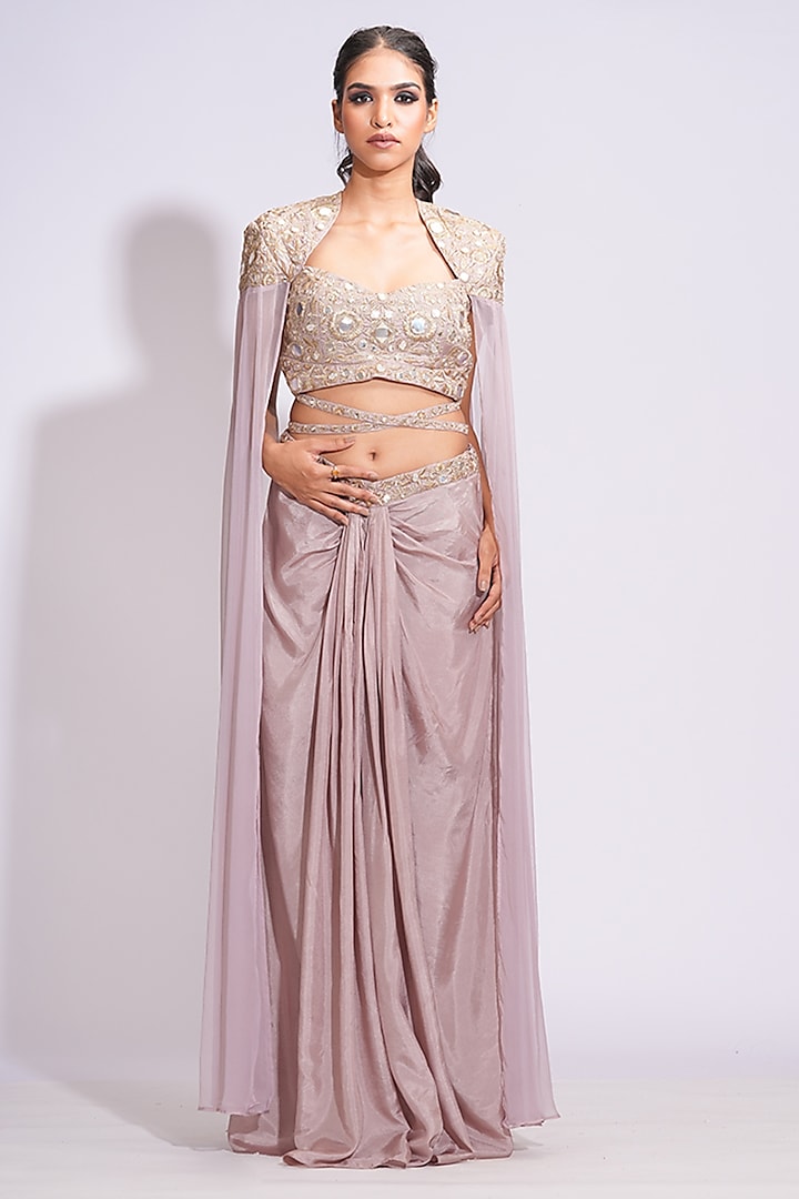 Nude Silk Draped Dhoti Skirt  Set by Shruti S at Pernia's Pop Up Shop