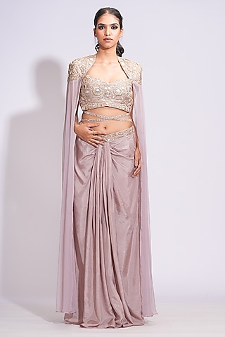 Nude Silk Draped Dhoti Skirt  Set by Shruti S
