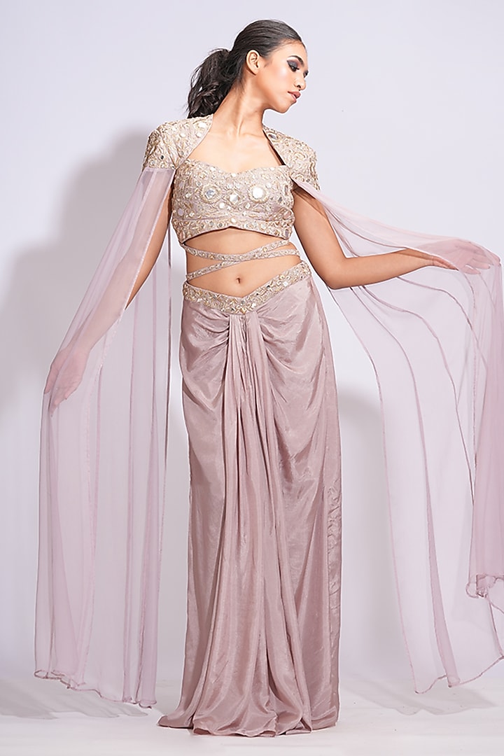 Nude Silk Draped Dhoti Skirt  Set by Shruti S at Pernia's Pop Up Shop