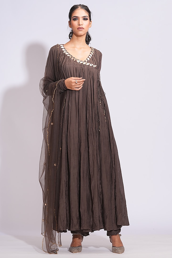 Chocolate Brown Mulmul Mirror Embroidered Angrakha Anarkali Set by Shruti S at Pernia's Pop Up Shop