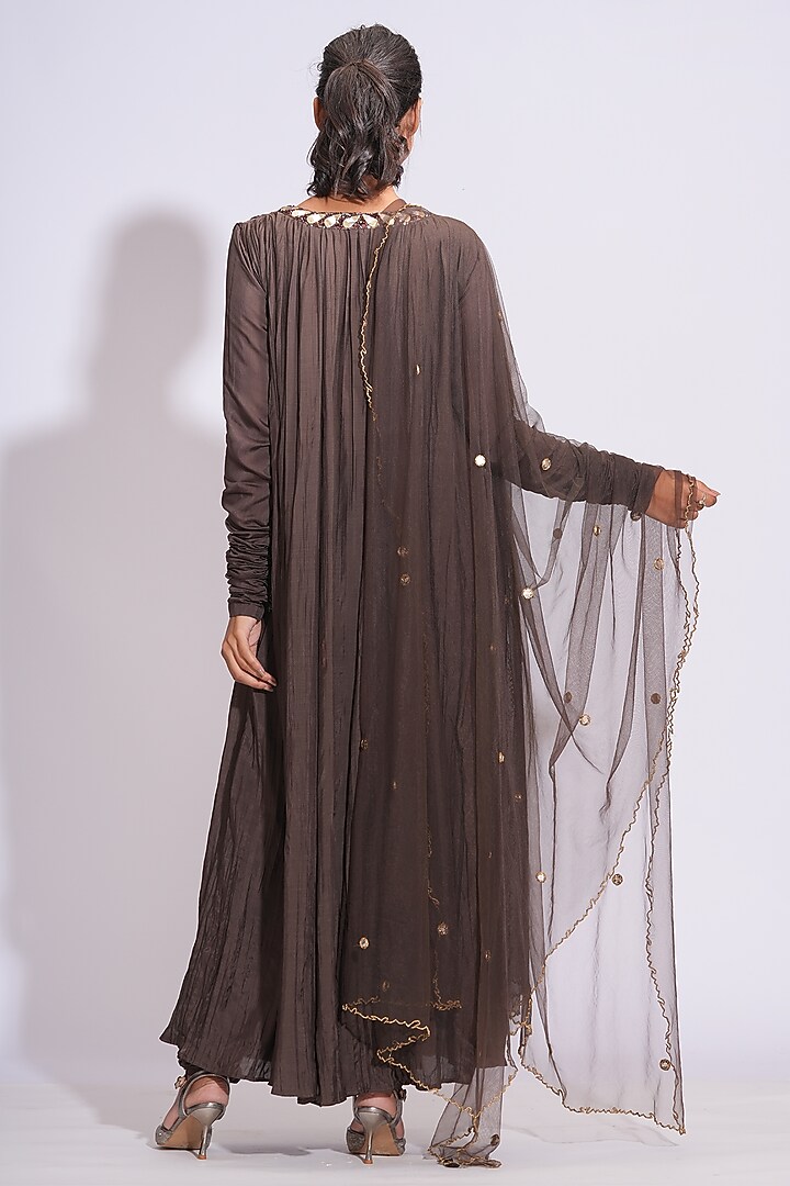 Chocolate Brown Mulmul Mirror Embroidered Angrakha Wedding Anarkali Set by Shruti S at Pernia's Pop Up Shop