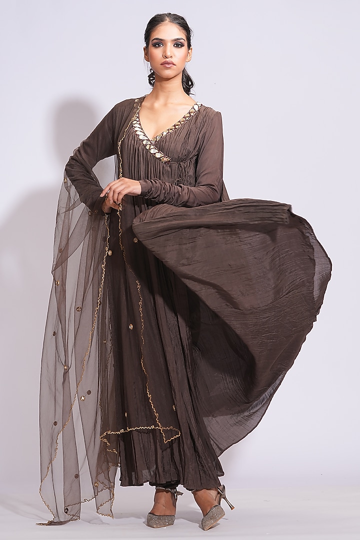 Chocolate Brown Mulmul Mirror Embroidered Angrakha Wedding Anarkali Set by Shruti S at Pernia's Pop Up Shop