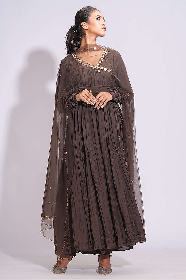 Chocolate Brown Mulmul Mirror Embroidered Angrakha Wedding Anarkali Set by Shruti S at Pernia's Pop Up Shop