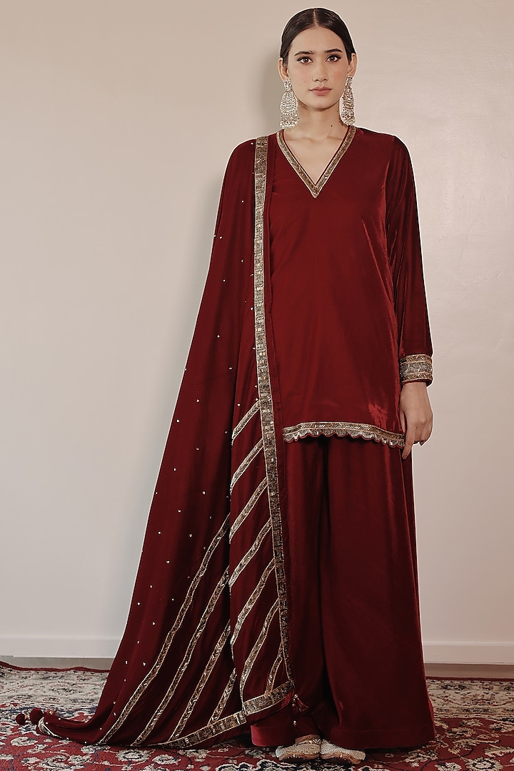 Red Silk Velvet Sharara Set by Shrutkirti