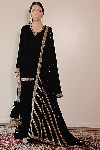 Black Silk Velvet Sharara Set by Shrutkirti