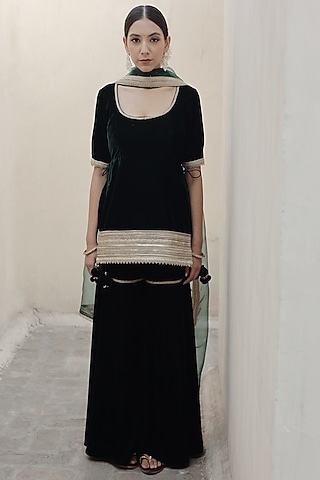 Green Velvet Sharara Set by Shrutkirti