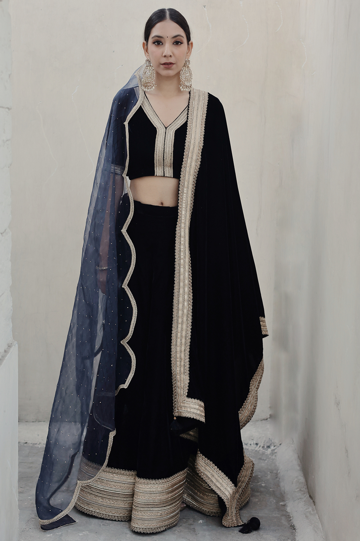 Blue Velvet Lehenga Set by Shrutkirti