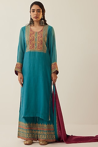 Teal Blue Chanderi Embroidered Kurta Set by Shrutkirti